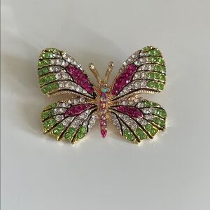 JTV Butterfly Brooch with Green and Pink Crystals